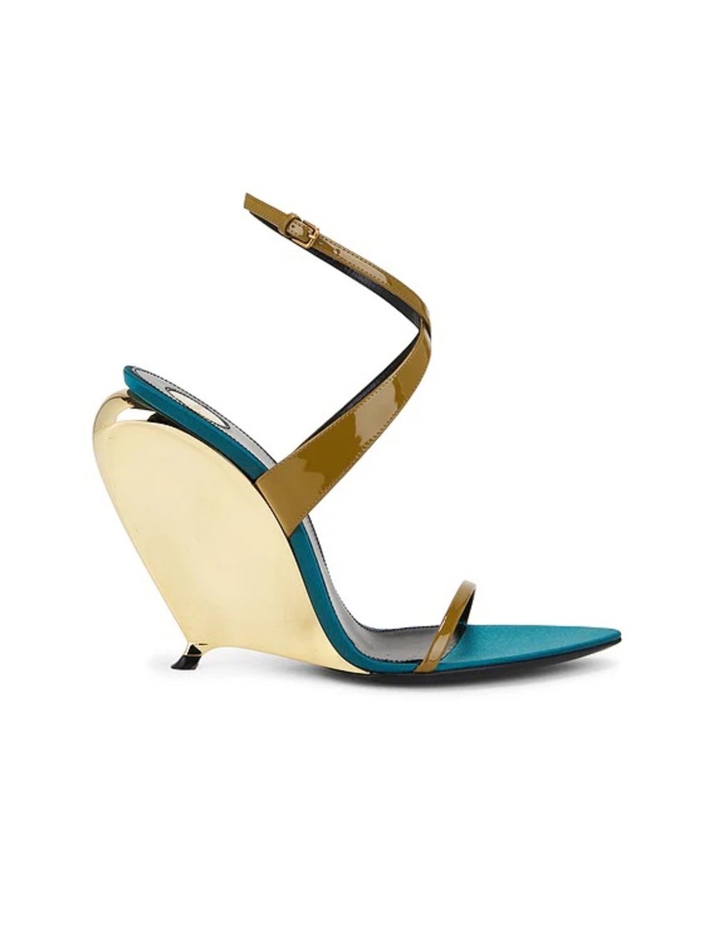 Saint Laurent Teal and Gold Sculpted-Wedge Ankle-Strap Sandal